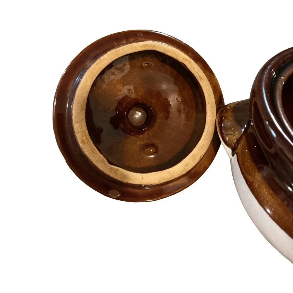 Gailstyn Taiwan Stoneware Bean Pot Two-Tone Brown Cream Glazed Lidded Crock 5x5